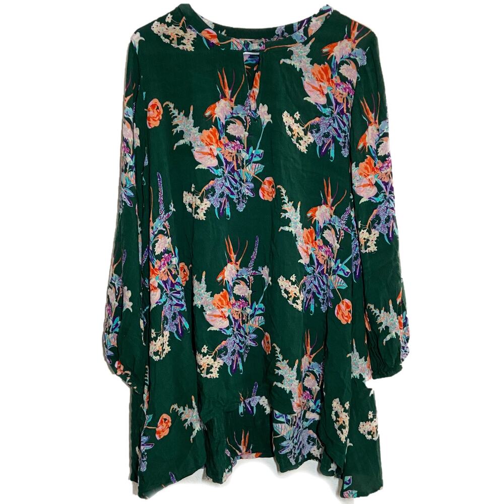 World Market Dress Long Sleeve Crew Neck Keyhole Floral Print Green L/XL